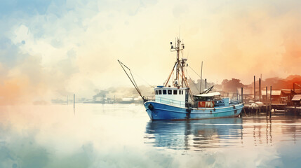 Fishing boat in harbor at morning watercolor painting - obrazy, fototapety, plakaty