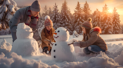 Young family building snowman in winter countryside with snow covered surface, spruce and fir trees and sunset in the background.