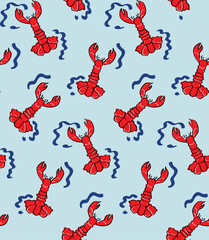 Hand Draw Doodle Red Lobster Seamless Pattern On blue Color Background Wallpaper ,Sea Animal Cute Vector illustration 