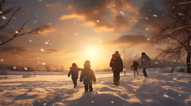 Group of children running away from camera, having fun outdoors in winter field with forest, snow cover, trees in the background with setting sun.