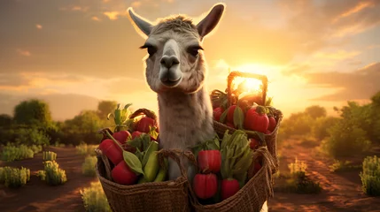 Fototapete Pack llama carrying vegetables in a field with sunset. Concept of food transportation, logistics and cargo. © linda_vostrovska
