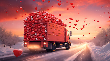 Red and pink decorated truck in motion carrying Valentine's pink and red hearts in a winter countryside with snow cover in sunset backlight. - obrazy, fototapety, plakaty