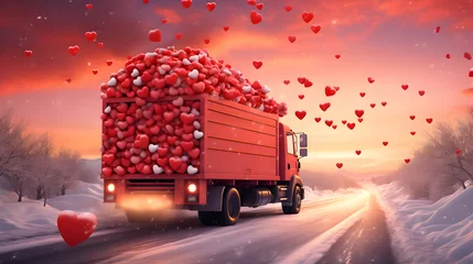 Papier Peint photo Voitures de dessin animé Red and pink decorated truck in motion carrying Valentine's pink and red hearts in a winter countryside with snow cover in sunset backlight.