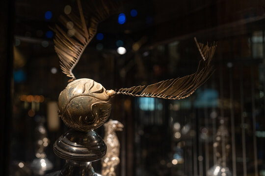JAPAN - NOV 13, 2023: Quidditch or golden snitch equipment for sport play game with flying broomstick at Warner Bros. Studio Tour Tokyo, The Making of Harry Potter, Wizarding World