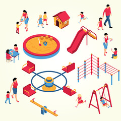kindergarten isometric set with parents educators kids during learning eating play ground elements