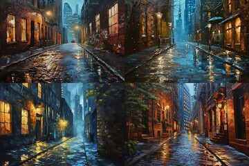 : A quiet alley transformed by rain, with the wet cobblestones leading towards distant skyscrapers. An original oil artwork that captures the urban poetry of a rainy night.