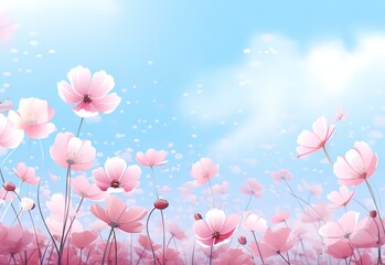 Beautiful pink flowers bloom in spring against a blue sky background. Generative AI