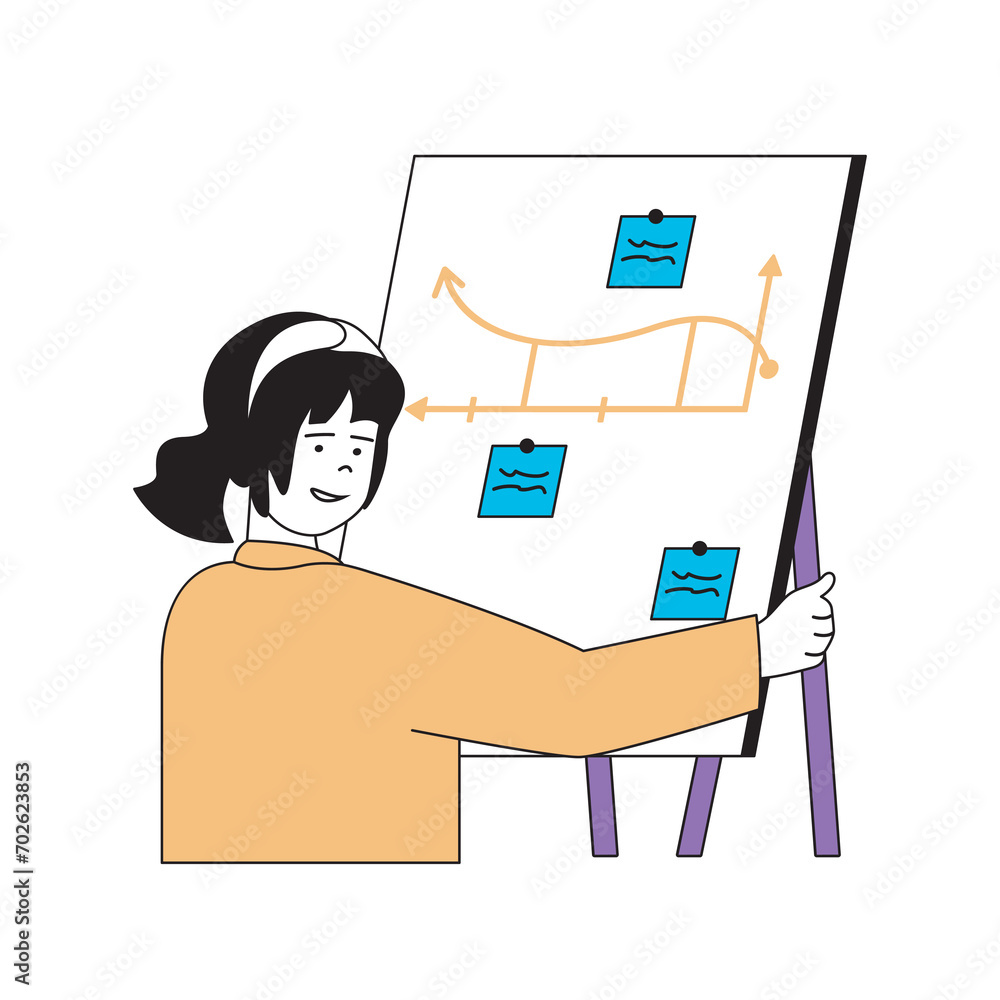 Poster education concept with cartoon people in flat design for web. student making presentation with graph