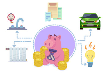 Piggy bank with coins and calculator vector illustration. Expenses for transport and business ideas, food spending and utility costs. Budgeting and savings concept