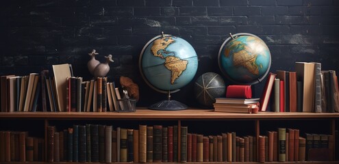 A stack of educational books with a globe and an apple on top In the photo in front of a black wall. Generative AI