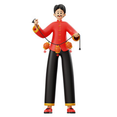 3D Chinese Man Character Holding Lantern Illustration