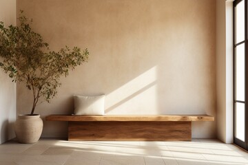 Fototapeta na wymiar Earthy textures and clean lines come together as a wooden bench graces a beige stucco wall, symbolizing the essence of Japandi design in a modern entrance hall.
