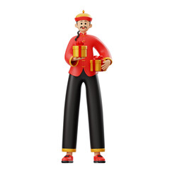 3D Chinese Man Character Holding Gift Illustration