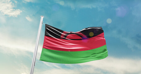 Malawi national flag cloth fabric waving on the sky - Image