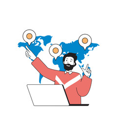 Travel concept with cartoon people in flat design for web. Man planning vacation in different countries and marks locations at map. Vector illustration for social media banner, marketing material.