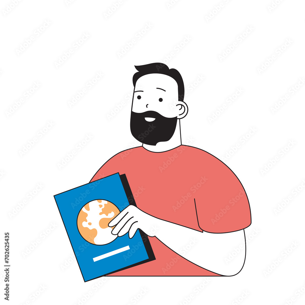 Poster travel concept with cartoon people in flat design for web. man with passport passing airport control