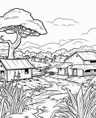 coloring page ghana cartoon, house in the forest