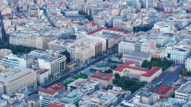 Tight aerial shot over the Academia building in Athens Greece