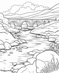 coloring page bridge over river