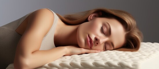 Obraz na płótnie Canvas Woman sleeps on stomach on memory foam orthopedic pillow.