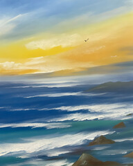 Colorful coastal scenery background painted in watercolor