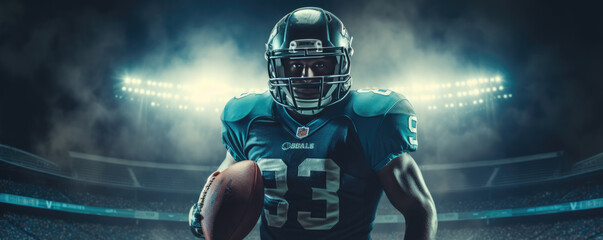 American football player on night stadium dark colors. action picture.  wide banner