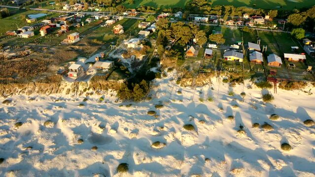 Tilt Up Aerial Shot Beach Praia Taim Brazil Green Landscape White Sand Birds Passing