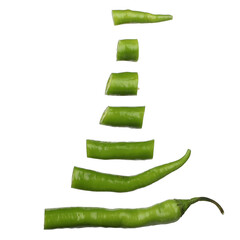 Sliced green peppers isolated on a white background, sliced green fresh peppers arranged in triangles, png isolated background.