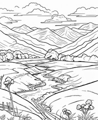 coloring page new zealand, with trees and mountains