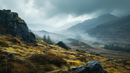 rolling hills of the Scottish Highlands with low-hanging clouds, rugged terrain, misty greens and earthy browns, ancient and mysterious landscape.