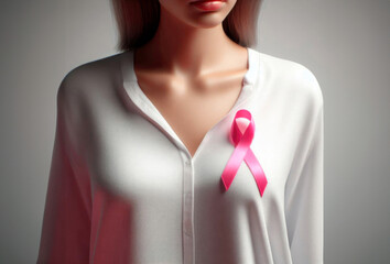 Woman wearing a blouse with pink awareness ribbon. Breast cancer symbol. AI generative