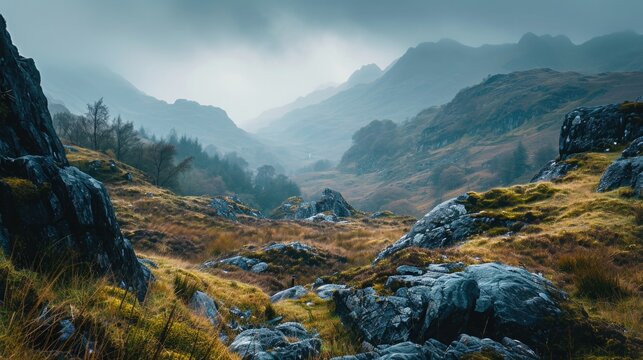 rolling hills of the Scottish Highlands with low-hanging clouds, rugged terrain, misty greens and earthy browns, ancient and mysterious landscape.