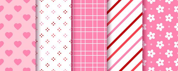 Valentine's day seamless background. Holiday pink patterns. Endless prints with heart, stripes, flowers, check. Cute romantic design. Vintage textures for wrapping papers. Vector Illustration