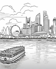 coloring page singapore, city skyline and river