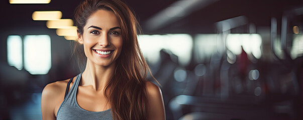 Fototapeta na wymiar Attractive woman smiling in gym background. wide banner