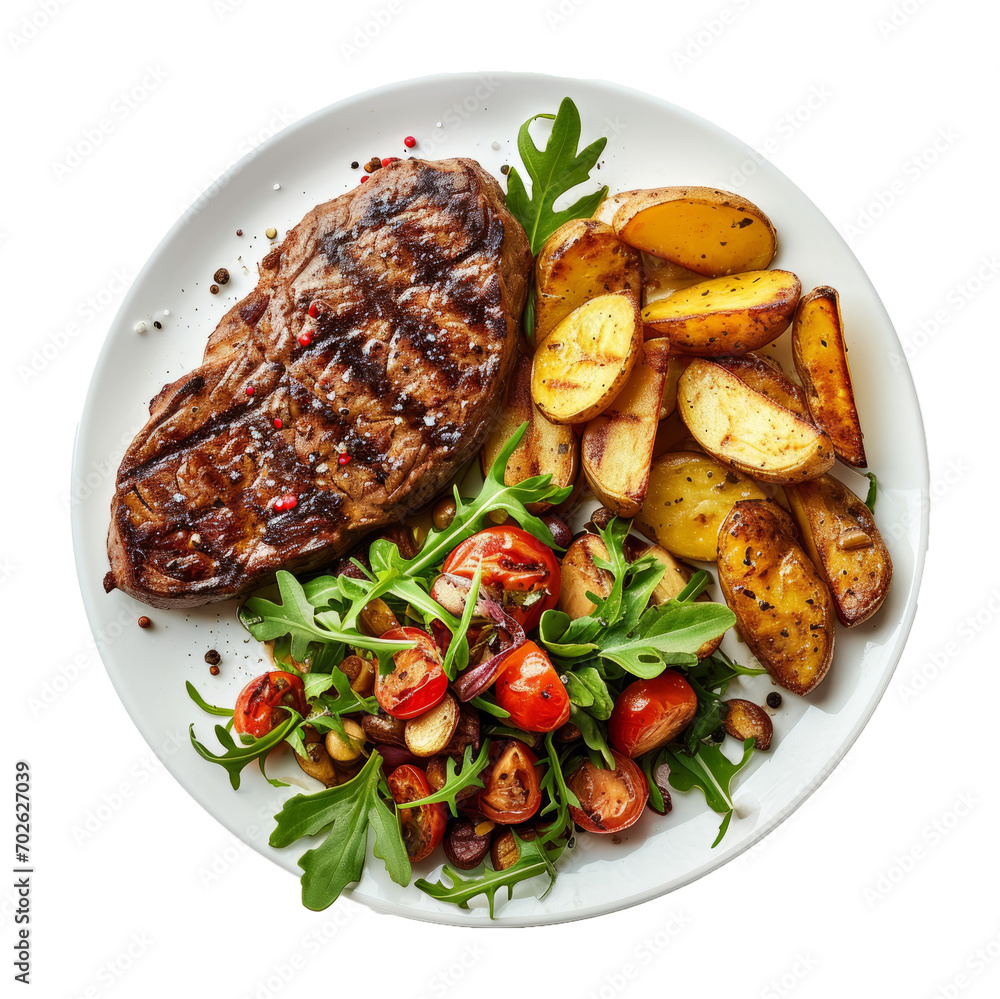 Poster top view of delicious grilled beef steak and rustic potatoes wedges with vegetable salad served on p