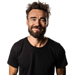 Positive bearded man with moustache standing in black t shirt smiling and looking at camera - obrazy, fototapety, plakaty