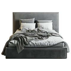 Comfortable gray bed with linens