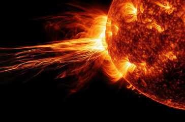 Close-up of the sun. Solar activity and solar wind, plasma firing.