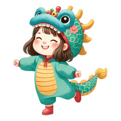 Watercolor girl in a dragon suit. Chinese New Year concept. Dragon suit girl clipart.
