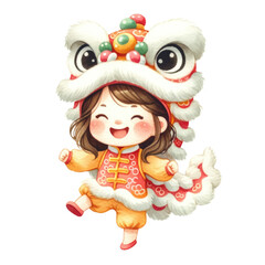Watercolor cute girl in lion dance suit. Chinese New Year concept. Lion dance suit girl clipart.