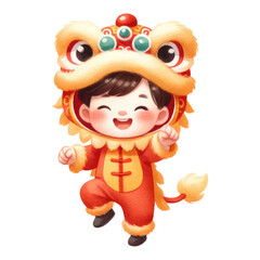 Obraz na płótnie Canvas Watercolor cute boy in lion dance suit. Chinese New Year concept. Lion dance suit boy clipart.