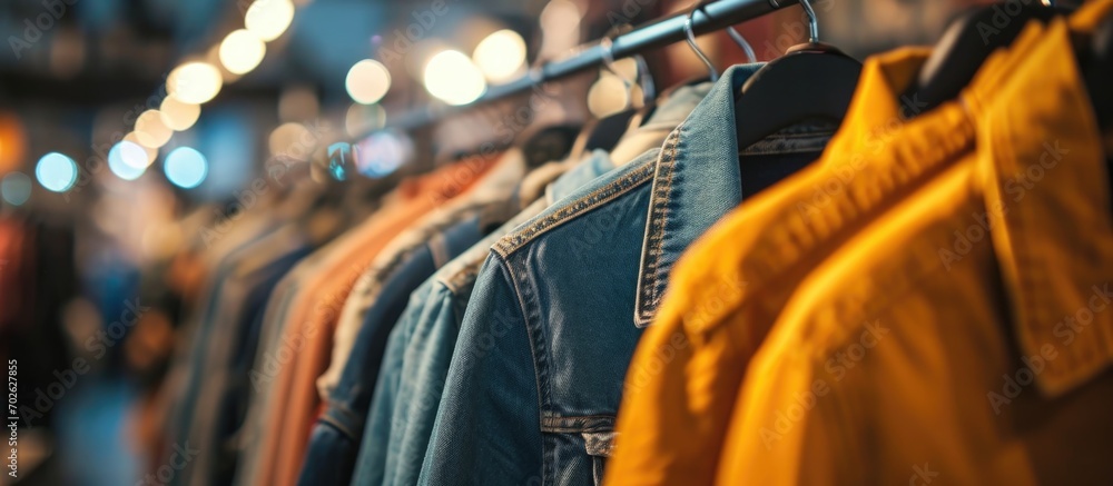 Poster Trendy clothing for men and women on hangers in a modern store.