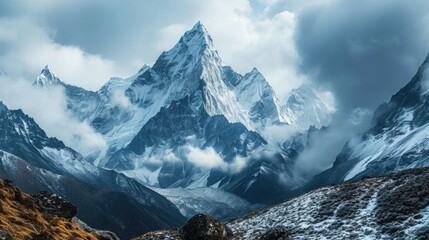 majestic Himalayan peaks shrouded in clouds, panoramic shot, high-altitude drama, clouds hugging the snowy peaks, stark whites and icy blues, raw and powerful nature. - obrazy, fototapety, plakaty