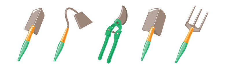 Garden Tool with Trowel, Rake, Pruner and Pitchfork Vector Set