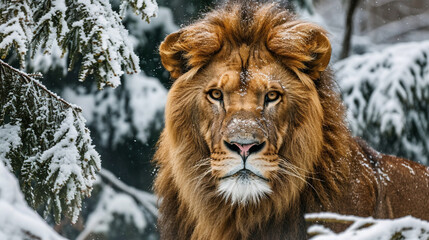 Portrait of a lion in the snow