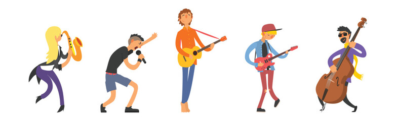 Rock Band Man and Woman Character with Musical Instrument Vector Set