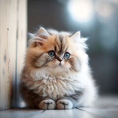 Fluffy kitten on wooden floor with blue eyes