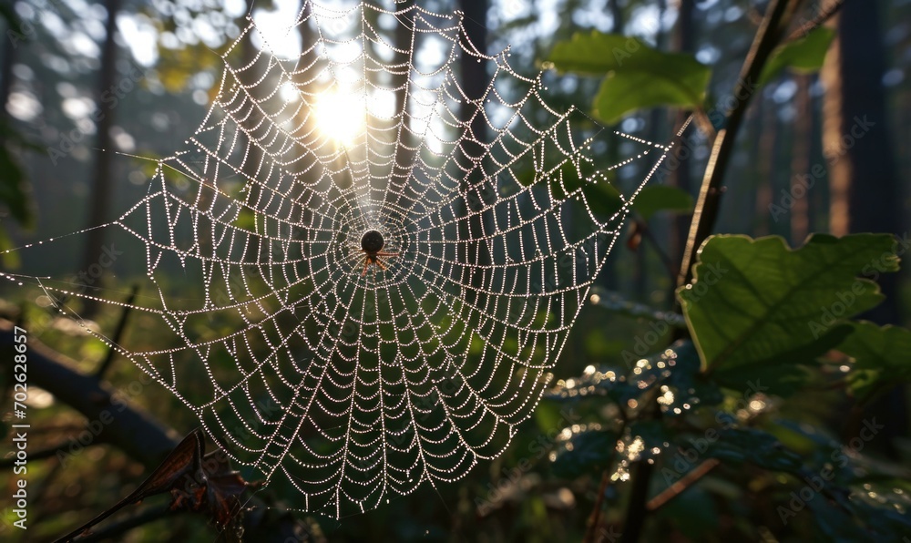 Poster a spider web in the forest with the sun shining through. generative ai.