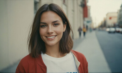 ragazza sorridente con felpa rossa